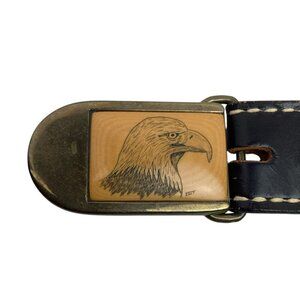 Justin Tooled Black Leather Belt Eagle Buckle Solid Brass Mens 28 Made In USA NW
